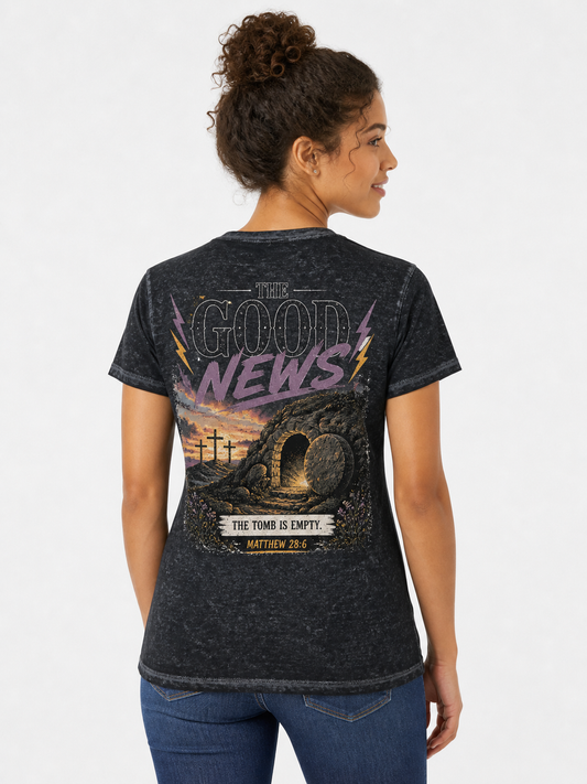 The Good News Christian Gospel Black Acid Wash Unisex Fit Shirt